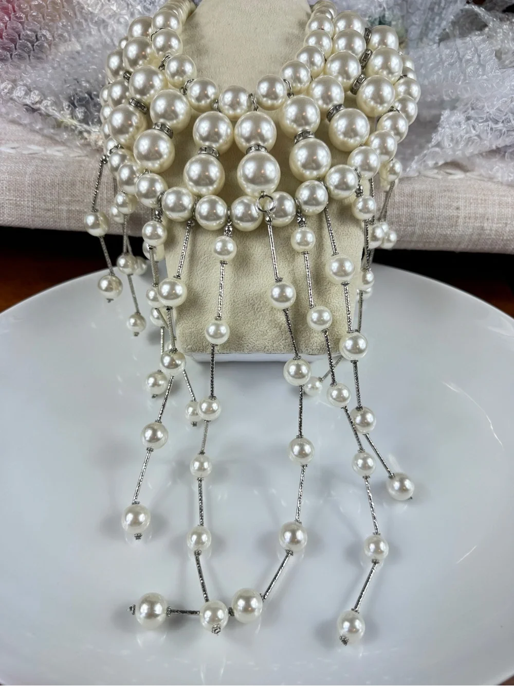 Elegant Pearl Fringe Statement Necklace - White Pearls